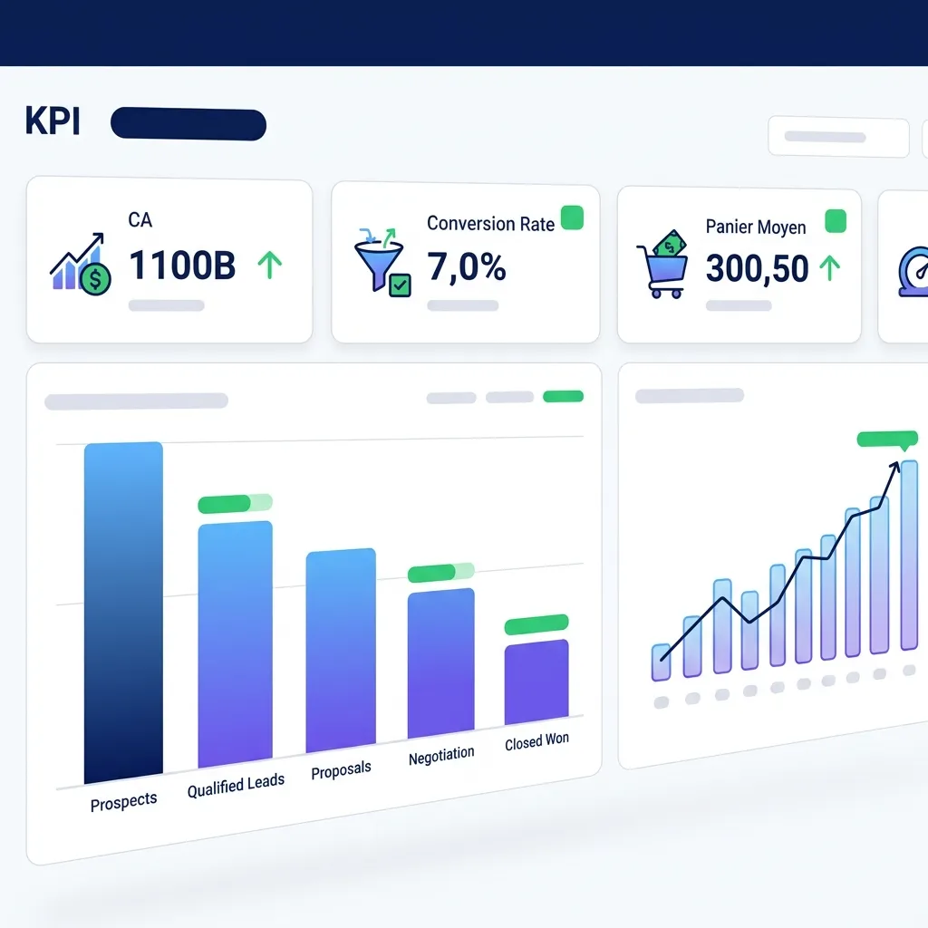 Tableau de bord commercial avec graphique pipeline et KPI conversion
